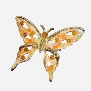vintage boho cottagecore orange cream gold tone butterfly brooch